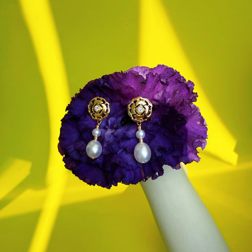 Camellia Pearl Long Drop Earrings